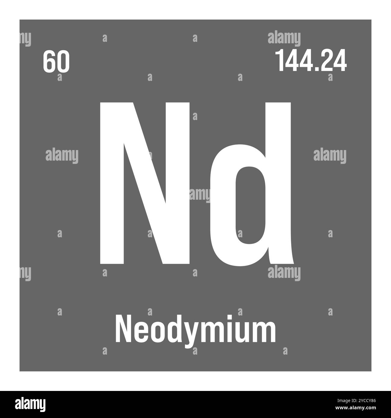Néodyme, ND, élément de table périodique avec nom, symbole, numéro atomique et poids. Métal de terre rare avec diverses utilisations industrielles, comme dans les aimants, les lasers, et comme un composant dans certains types de verre. Illustration de Vecteur