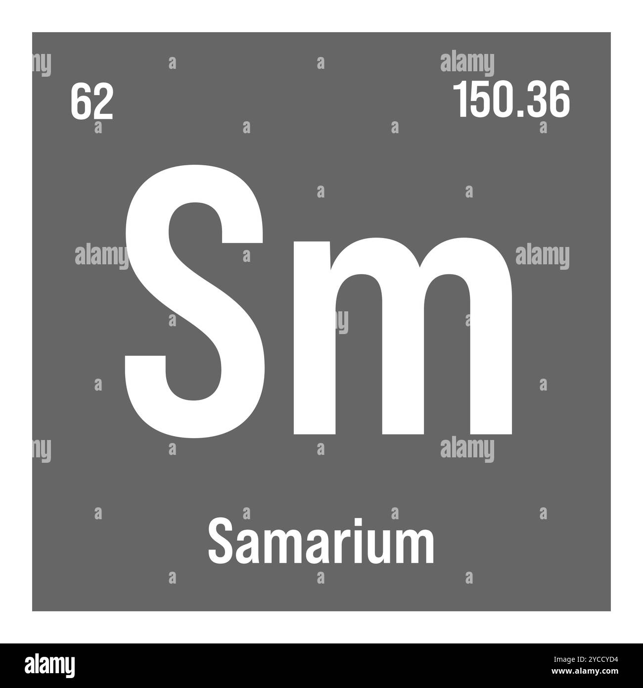 Samarium, SM, élément de table périodique avec nom, symbole, numéro atomique et poids. Métal de terre rare avec diverses utilisations industrielles, comme dans les aimants, l'éclairage, et comme un composant dans certains types de verre. Illustration de Vecteur