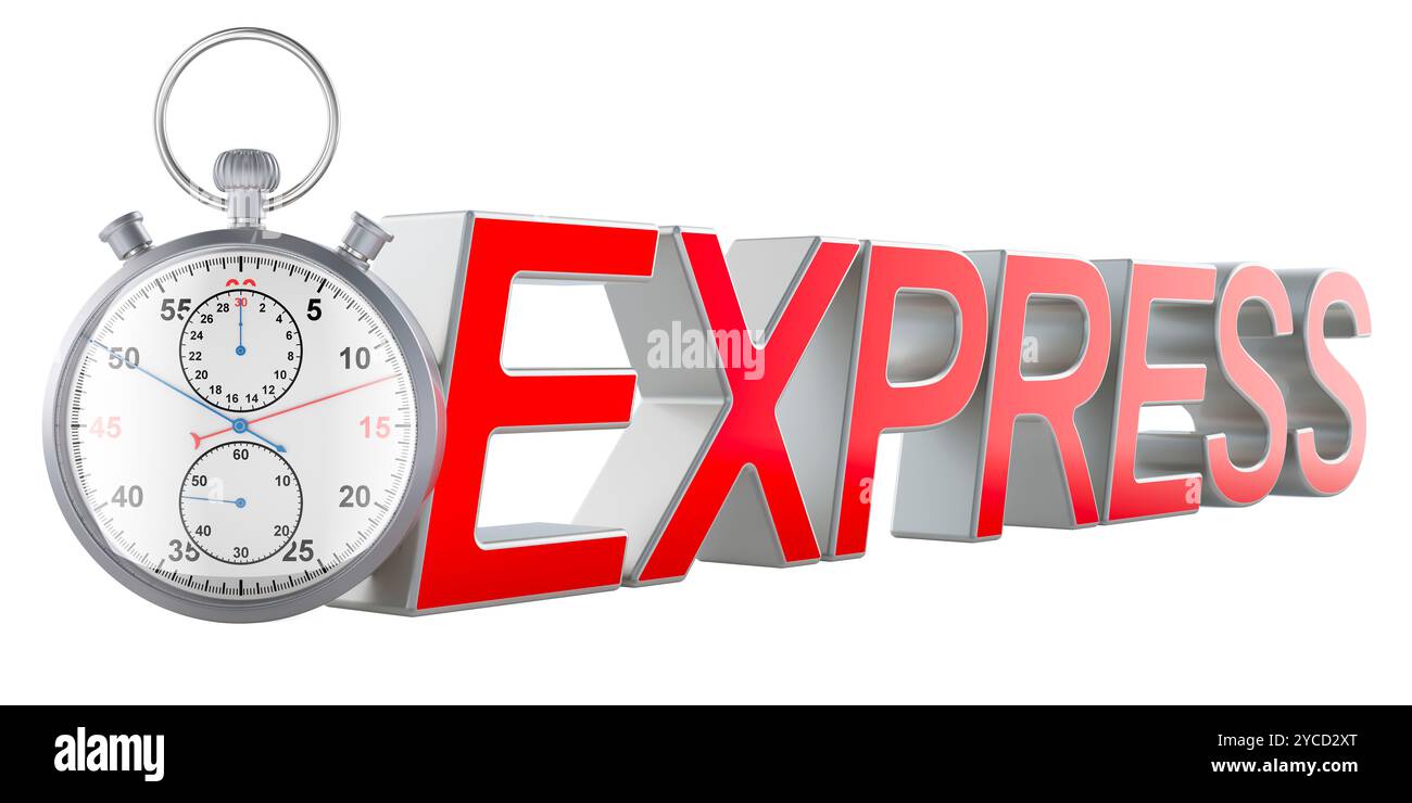 Concept de livraison express de chronomètre, rendu 3D isolé sur fond blanc Banque D'Images