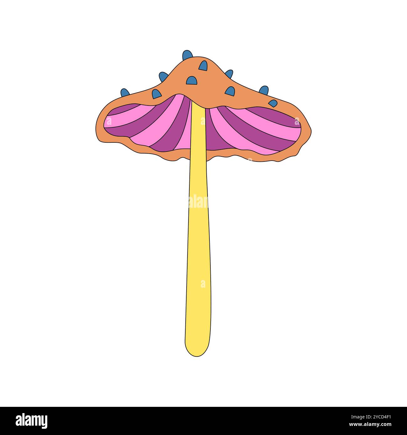 Champignon hippie naïf groovy, tabourets psychédéliques avec illustration vectorielle de rayures radiales Illustration de Vecteur