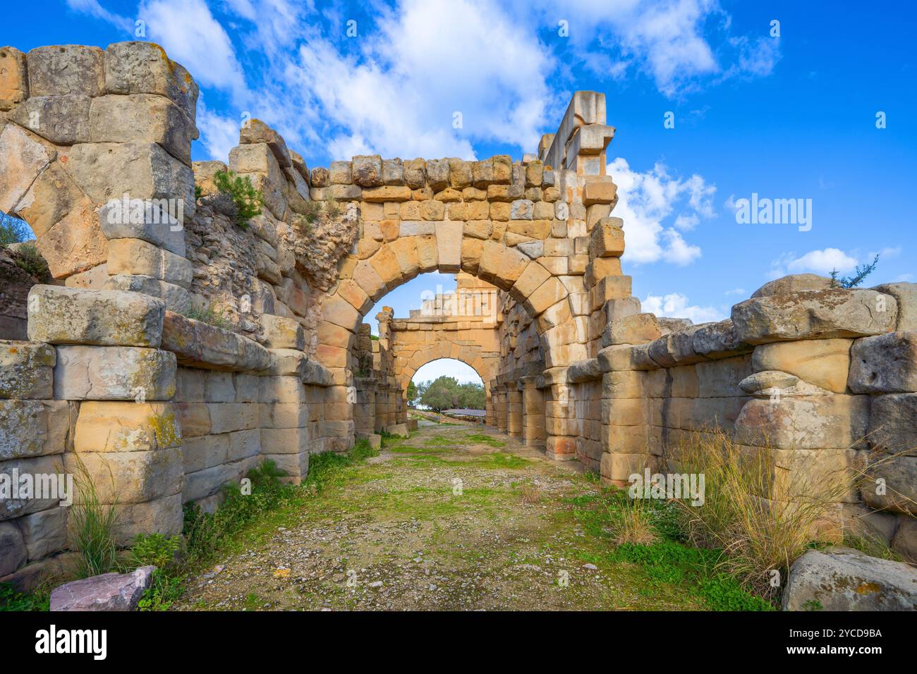 Porte voûtée de l'ancienne ville gréco-romaine de Tindari, zone archéologique de ​​Tindari, Tindari, Patti, Messine, Sicile, Italie Banque D'Images