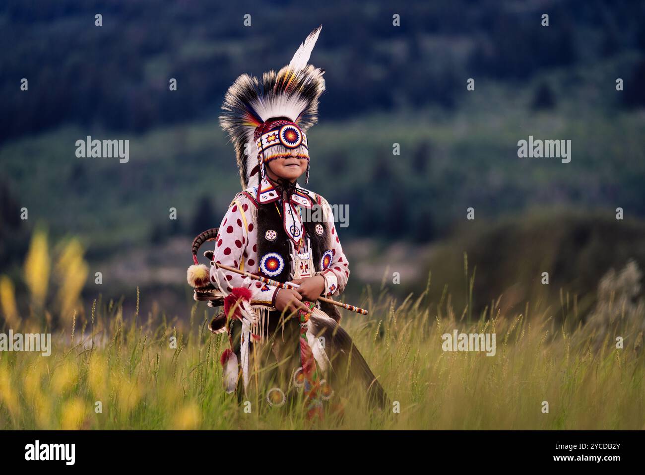 Enfant indigène en tenue traditionnelle, orné de plumes vibrantes et de perles complexes, debout fièrement dans un champ, mettant en valeur la culture. Banque D'Images