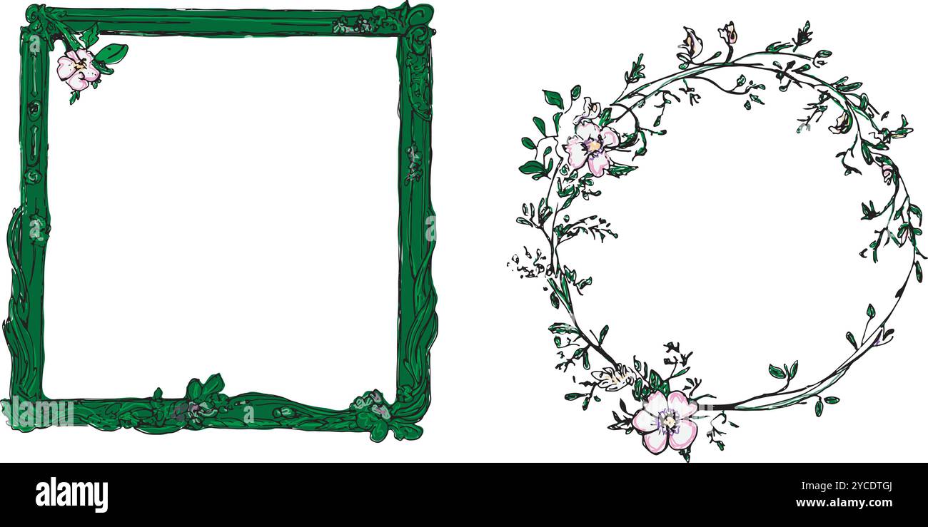 Cadre art nouveau floral en vert avec des fleurs roses, vecteurs de cadre rond et carré Illustration de Vecteur