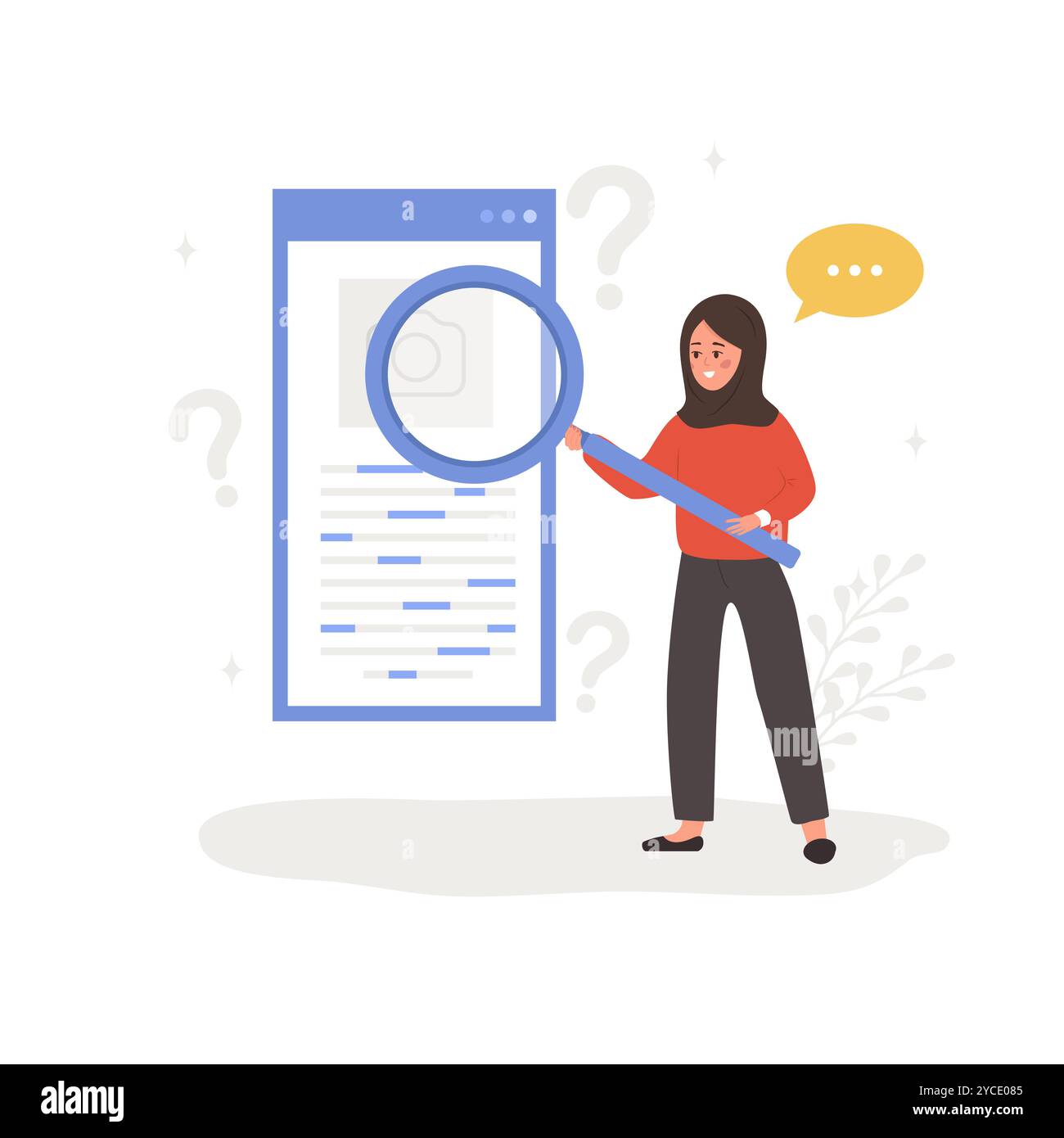 Mot-clé LSI. Indexation sémantique latente. Concept SEO. Illustration vectorielle dans le style de dessin animé plat. Personnage féminin arabe avec loupe est engagé Illustration de Vecteur