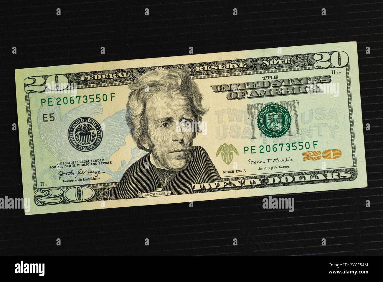 Gros plan d'un billet de vingt dollars des États-Unis (recto) mettant en vedette Andrew Jackson Banque D'Images
