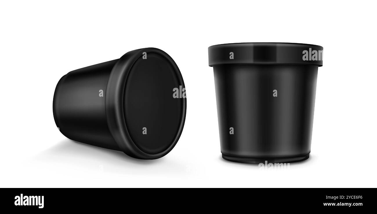 Maquettes de récipient de crème glacée ensemble isolé sur fond blanc. Illustration réaliste vectorielle d'une tasse en papier ou en plastique recouverte d'un couvercle, d'un emballage alimentaire pour yaourt ou gelato avec un espace vide pour la marque Illustration de Vecteur