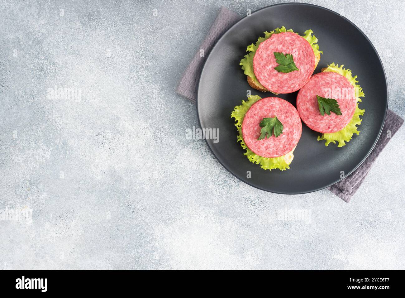 Sandwichs avec feuilles de laitue et saucisse de salami tranchée sur plaque noire Copier espace vue de dessus Banque D'Images Sandwichs avec feuilles de laitue et saucisse de salami tranchée sur plaque noire Copier espace vue de dessus Banque D'Images