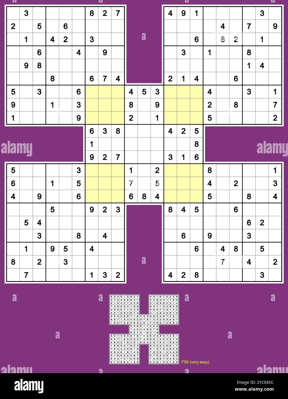 Samurai Sudoku, cinq puzzles de sudoku qui se chevauchent. Symétrie complète, 140 indices. Très facile. Vecteur MK II. Illustration de Vecteur