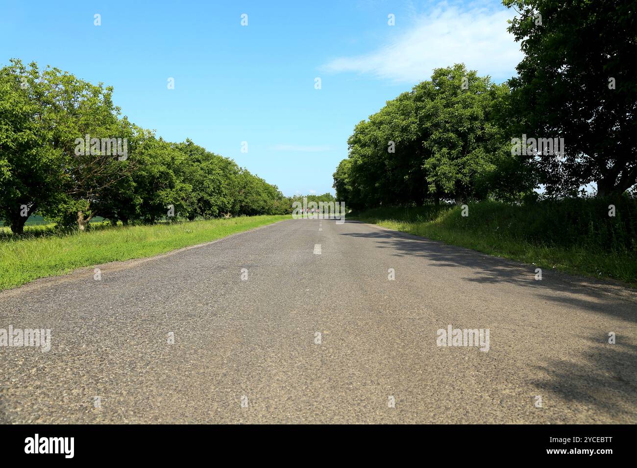 La route rurale tourne vers la droite contre le ciel bleu Banque D'Images