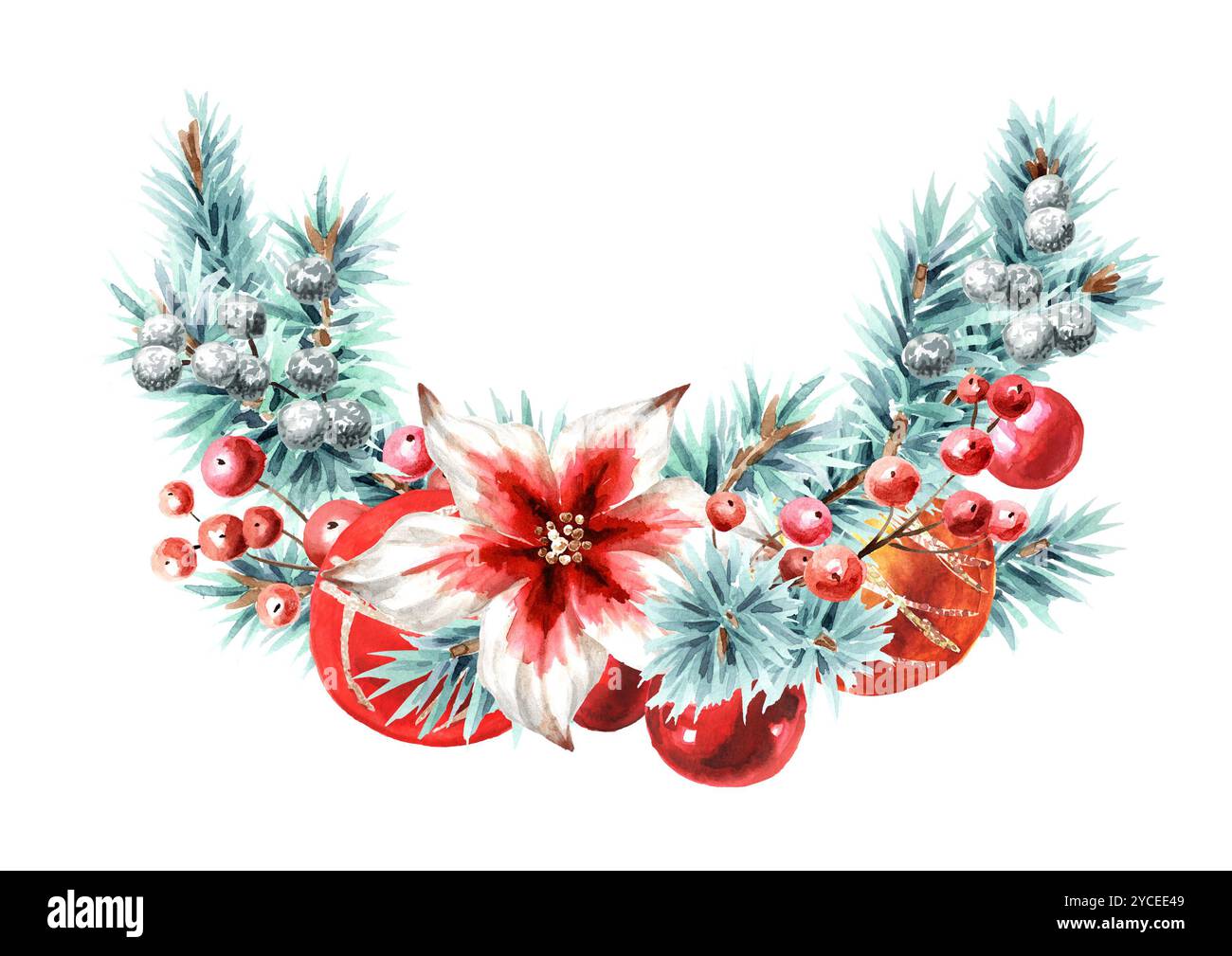 Couronne de Noël faite de branches d'épinette bleue et décorations d'arbre de l'année NW. Aquarelle réelle illustration dessinée à la main, isolée sur fond blanc Banque D'Images