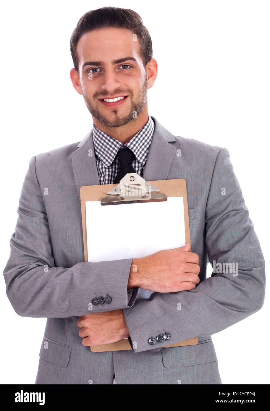 Man holding a blank sur un clip sur fond blanc Banque D'Images