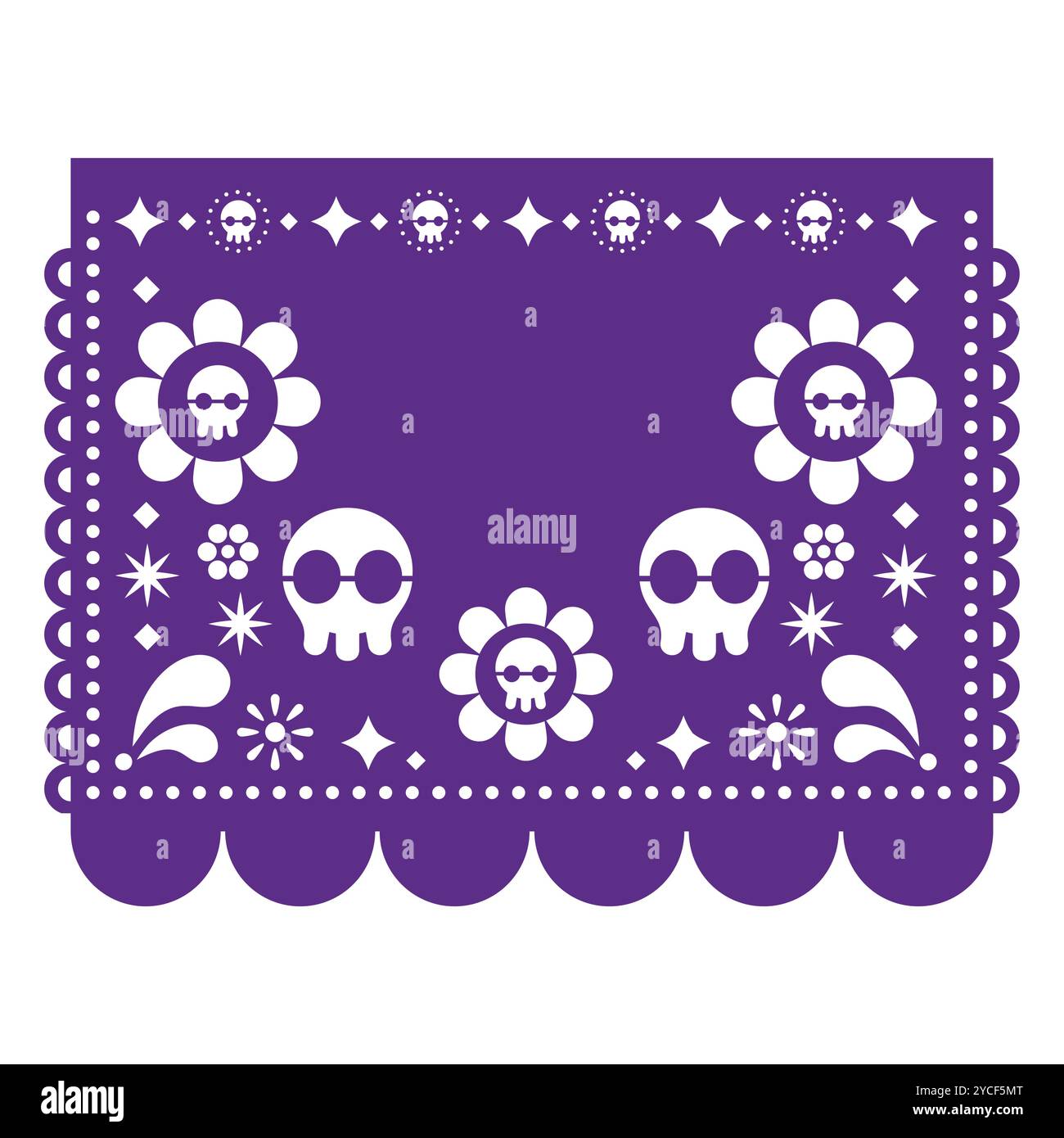 Conception de modèle vectoriel Papel Picado avec des crânes, des fleurs et un espace vide pour le test inspiré par des décorations découpées en guirlande de fête du Mexique. Non IA Illustration de Vecteur