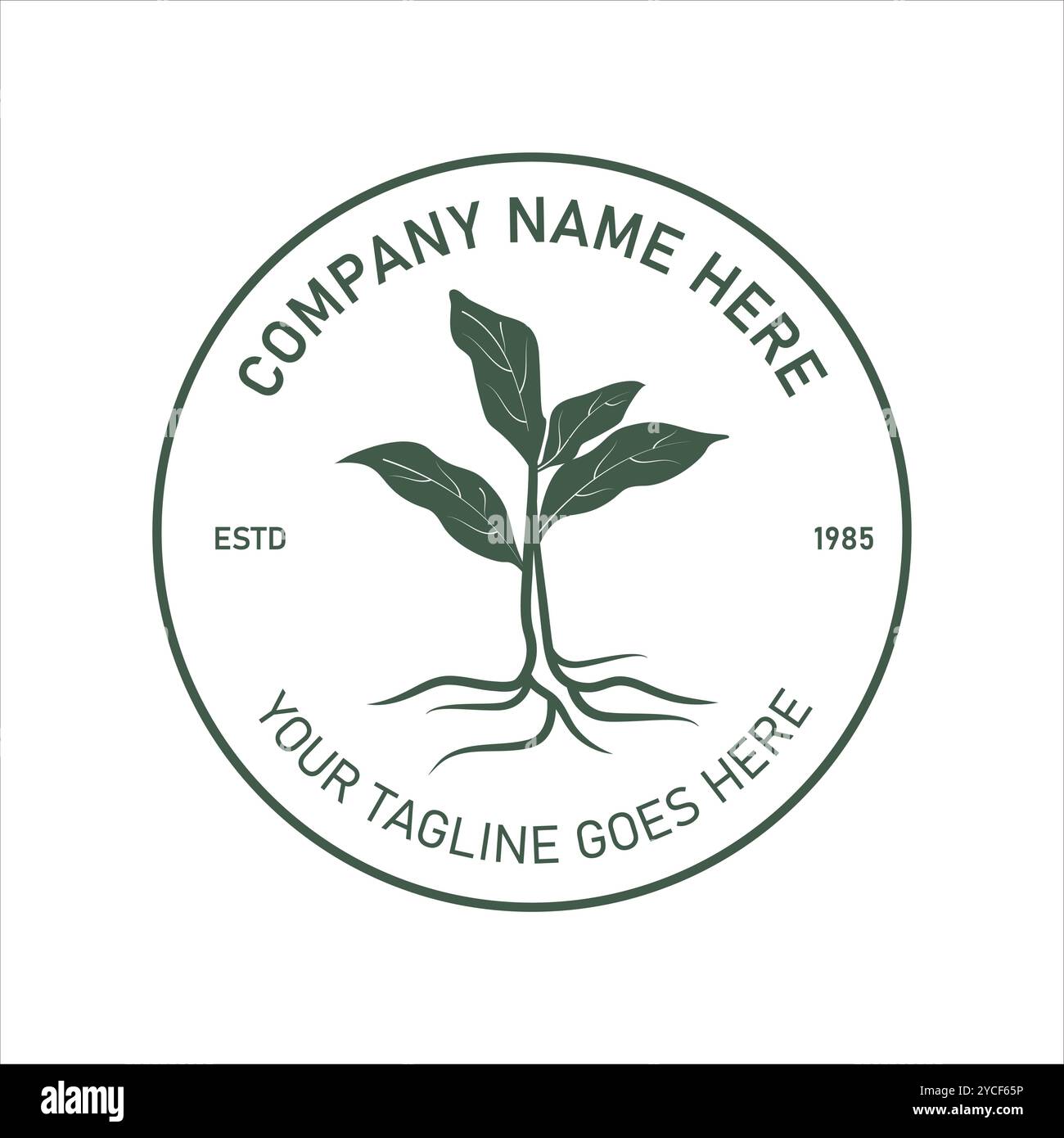 Logo rétro vintage avec une illustration d'une plante avec de fortes racines à l'intérieur d'un cercle, ce design convient pour les bus agricoles et environnementaux Illustration de Vecteur