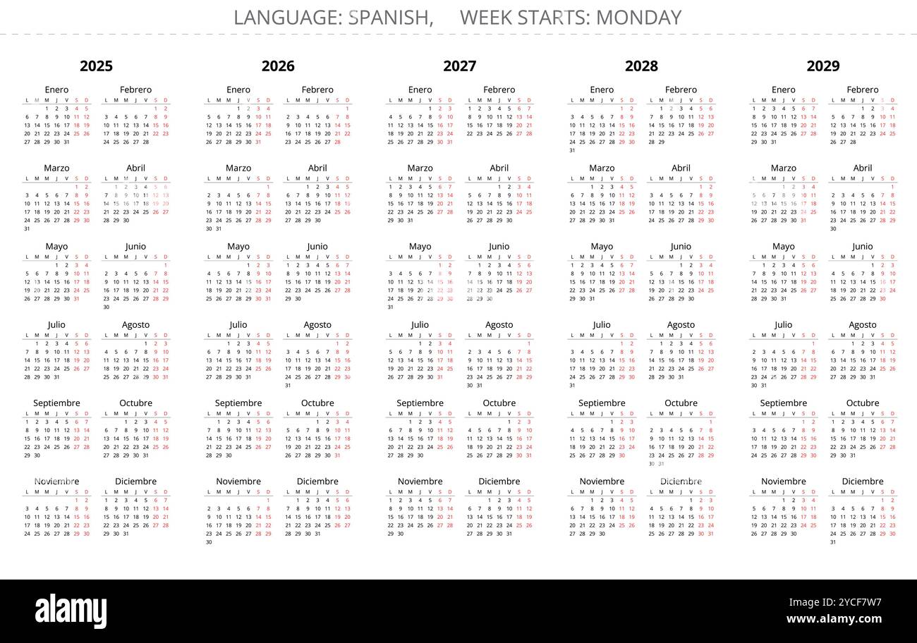 calendriers annuels espagnols verticaux 2025, 2026, 2027, 2028, 2029. Ensemble d'illustration vectorielle simple pour l'Espagne - Espanol Calendario Illustration de Vecteur