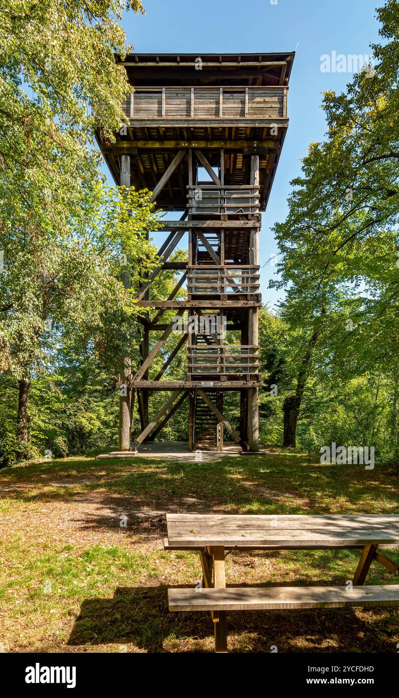 Allemagne, Bade-Württemberg, Reutlingen - Bronnweiler, jusqu'en 1073 il y avait un château (Alteburg) sur la Käpfle de 594 m de haut, depuis 1974 il y a une tour d'observation en bois de douze mètres de haut sur la Käpfle Banque D'Images