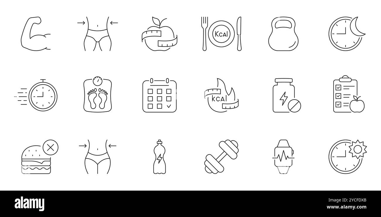 Icônes de ligne d'entraînement, de fitness et de santé pour perdre du poids et suivre l'alimentation. Soins de santé, métabolisme, gestion des calories. Contour modifiable. Isolé Illustration de Vecteur