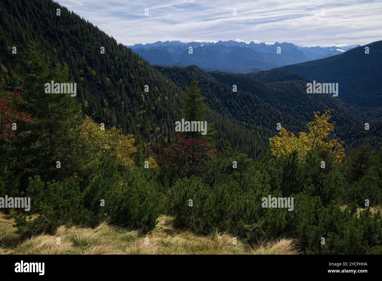 Vue de la silhouette du panorama de montagne du sentier de randonnée à Heimgarten à Foehn Météo en automne Banque D'Images