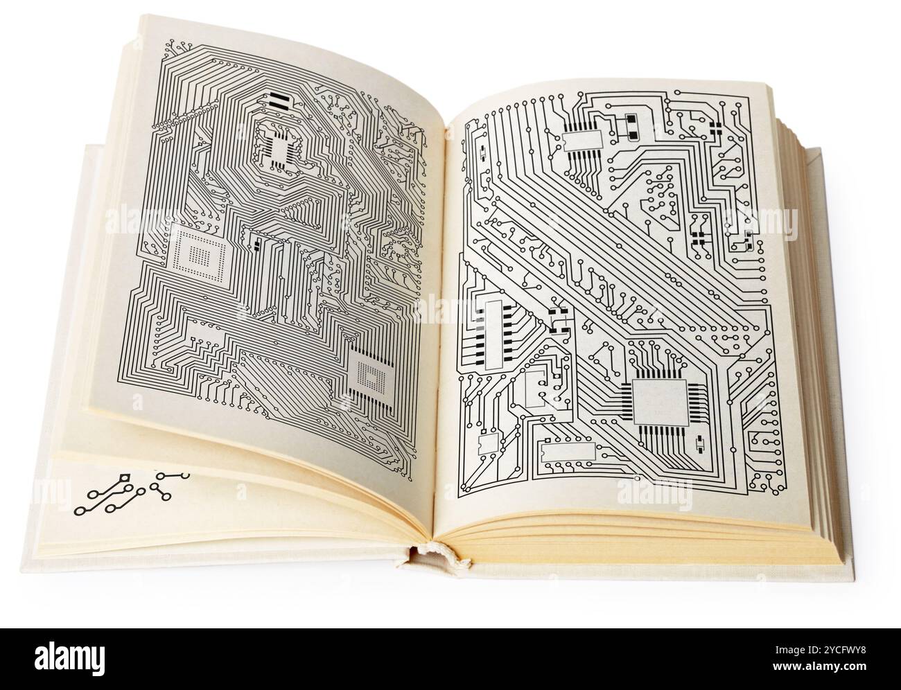Livre ouvert avec schémas électroniques Banque D'Images
