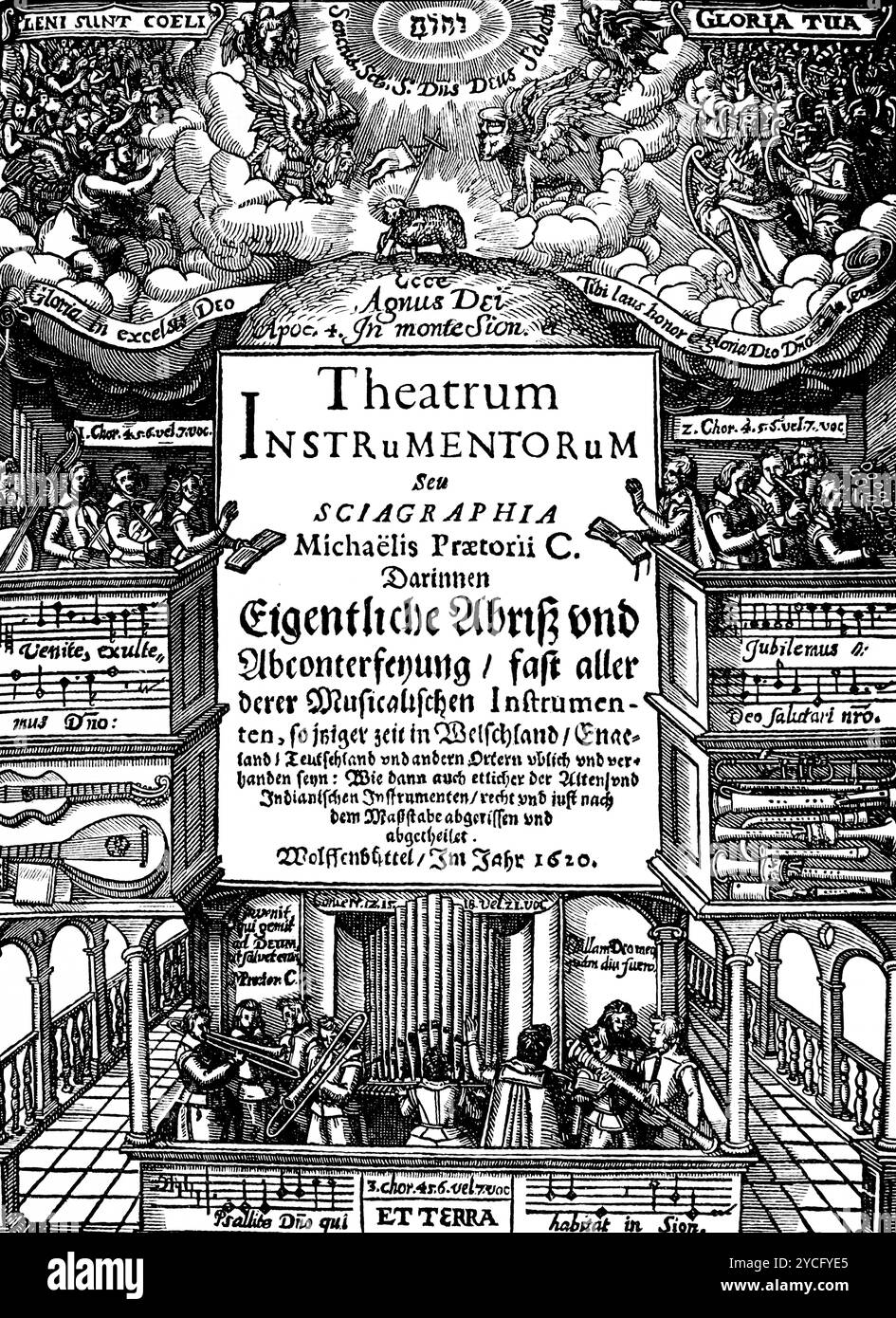Titre du Theatrum Instrumentorum publié en 1620 sur l'histoire de la musique allemande, illustration historique 1892 Banque D'Images