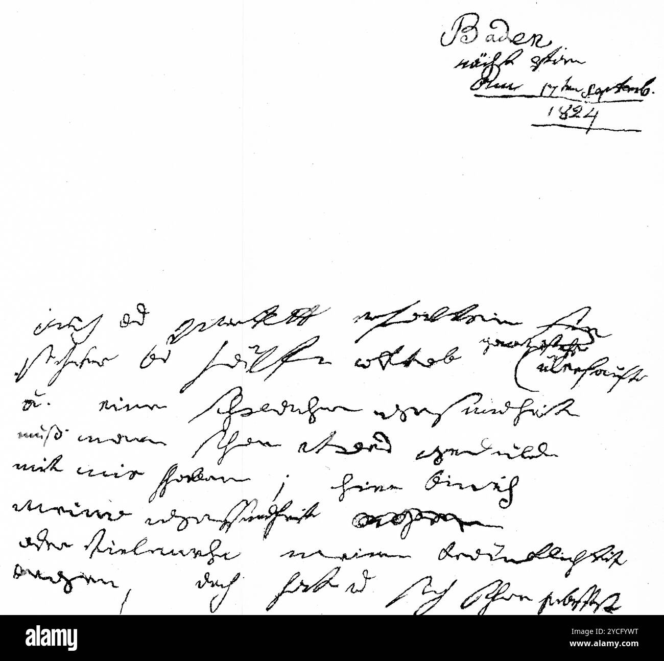 Première page d'une lettre écrite en 1824 par Beethoven à son éditeur de musique Schott à Mayence, Allemagne, histoire de la musique allemande, illustration historique 1892 Banque D'Images