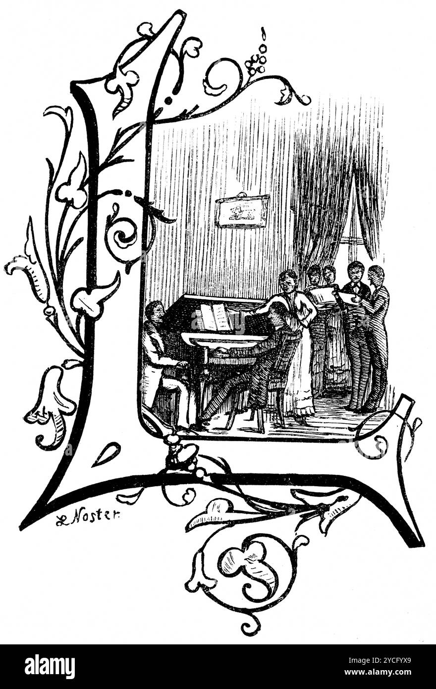 Dessin d'introduction à un chapitre de livre avec un pianiste et la lettre l, histoire de la musique allemande, illustration historique 1892 Banque D'Images