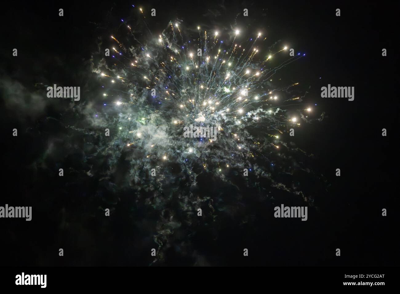 Feux d'artifice en argent doré sur fond noir. Fond de feu d'artifice abstrait avec espace libre pour le texte. Des feux d'artifice illuminent le ciel nocturne. Banque D'Images