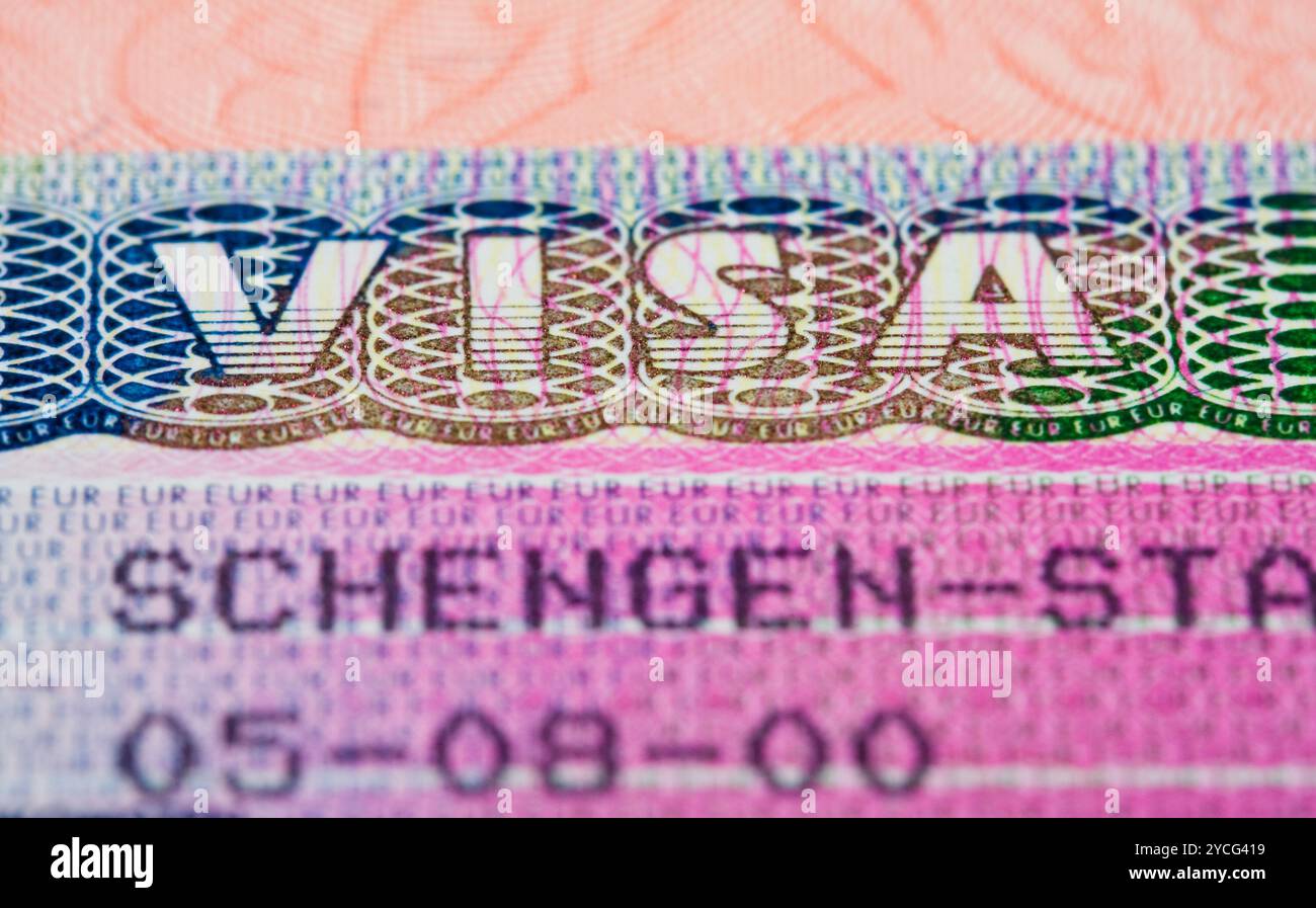 Visa Schengen dans le passeport. Fragment Banque D'Images