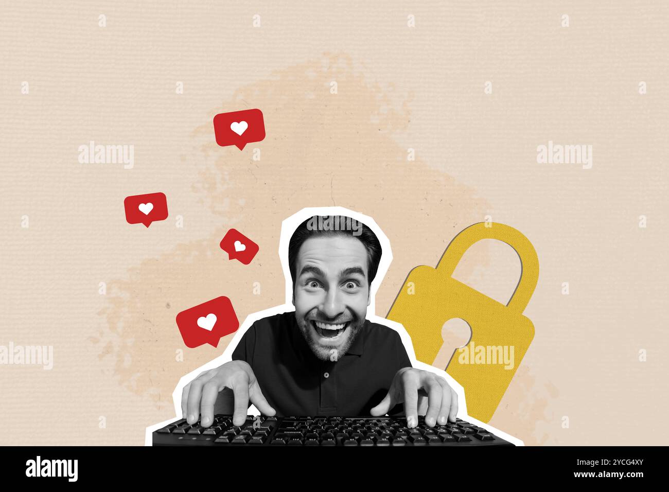Collage photo composite de Crazy Man type clavier de médias sociaux coeur comme notification blog lock hacking isolé sur fond peint Banque D'Images Collage photo composite de Crazy Man type clavier de médias sociaux coeur comme notification blog lock hacking isolé sur fond peint Banque D'Images