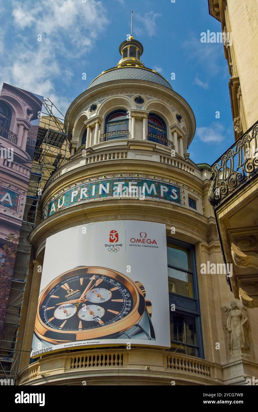 Paris, France, gros plan, Shopping, Grand magasin printemps, détail panneau avant, parrainage des Jeux Olympiques, publicité extérieure, affiche, montres Omega Banque D'Images