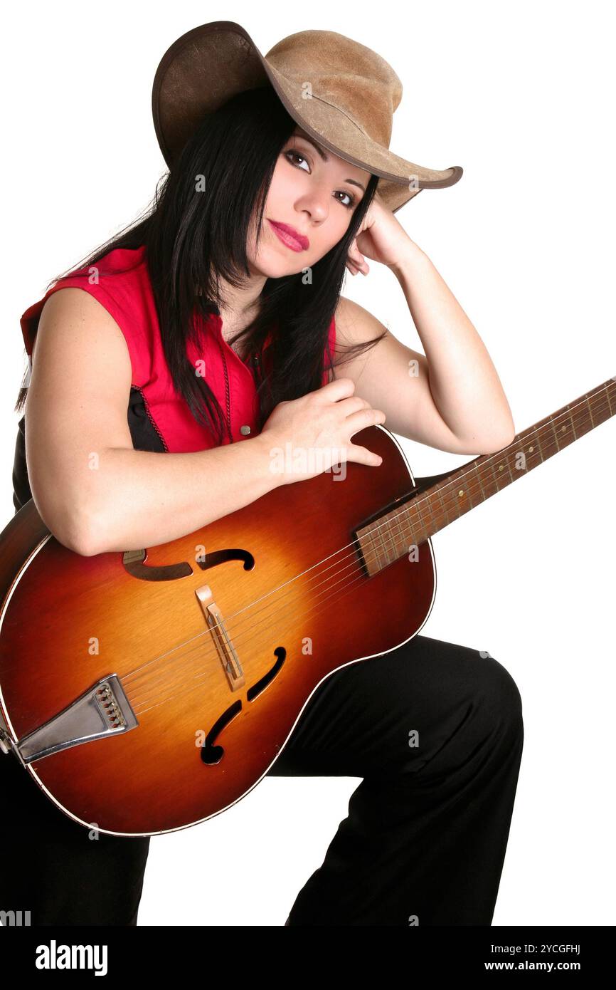 Femme avec guitare acoustique Banque D'Images