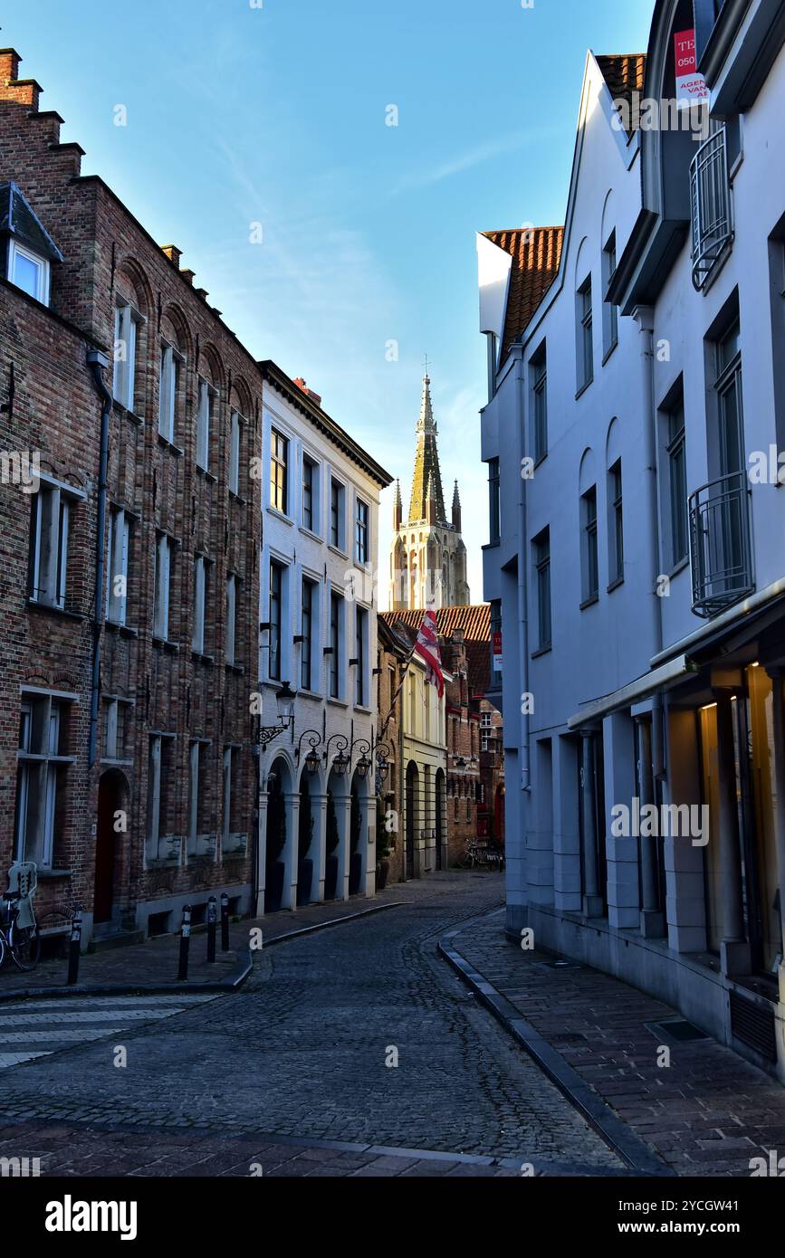 Haut de la tour de l'église catholique notre-Dame et bâtiments médiévaux sur Kartuizerinnenstraat juste après le lever du soleil. Bruges, Belgique. Banque D'Images