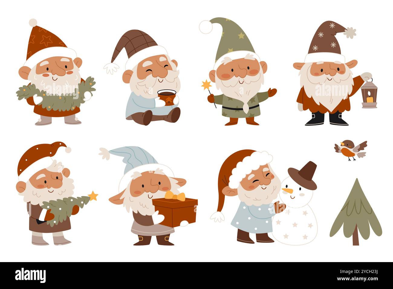 Ensemble de gnomes de Noël. Bonhomme de neige, lanterne, étoiles, cacao, cadeau, arbre de Noël, décor, bullfinch. Personnages de Noël ludiques fun scandinave gnome c Illustration de Vecteur