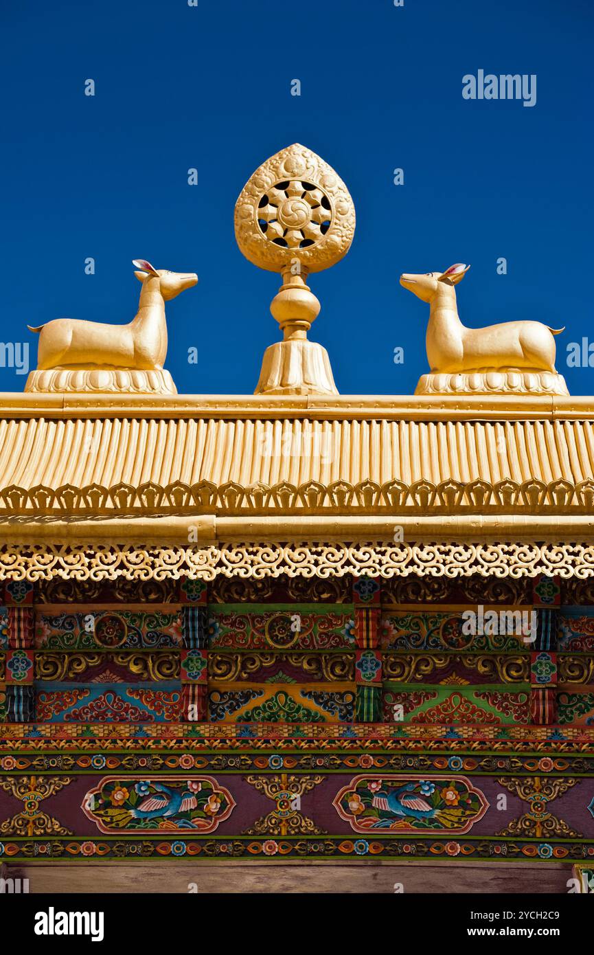 Portes du monastère tibétain. Symboles bouddhistes : roue de dharma et cerf sur le toit décoré sous le ciel bleu à Thiksey Gompa. Inde, Ladakh, monastère de Thiksey Banque D'Images