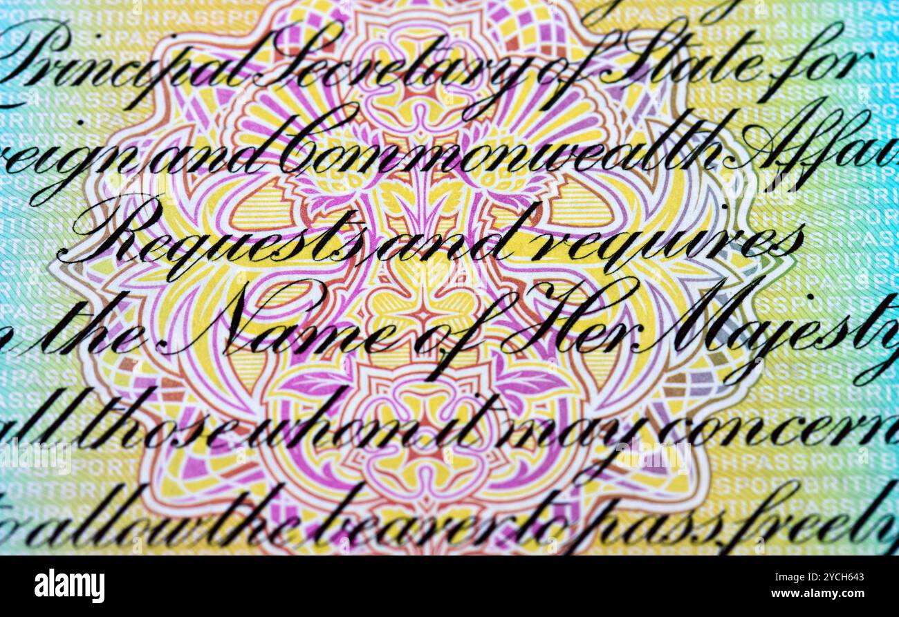 Fragment de texte dans l'ancien passeport britannique Banque D'Images