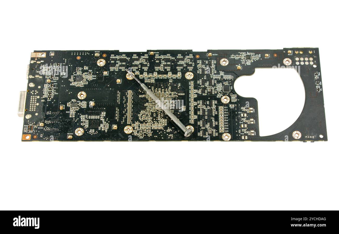 Carte vidéo Scheme avec tournevis sur un blanc Banque D'Images