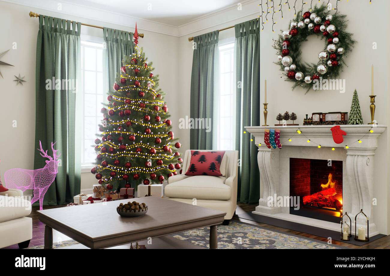 Salon de Noël confortable avec un arbre de Noël joliment décoré et une cheminée chaude. Banque D'Images