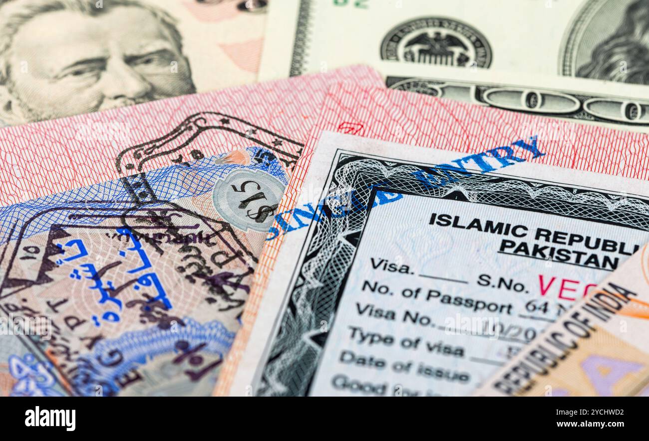 Fragment de tampon de visa dans le passeport et l'argent Banque D'Images