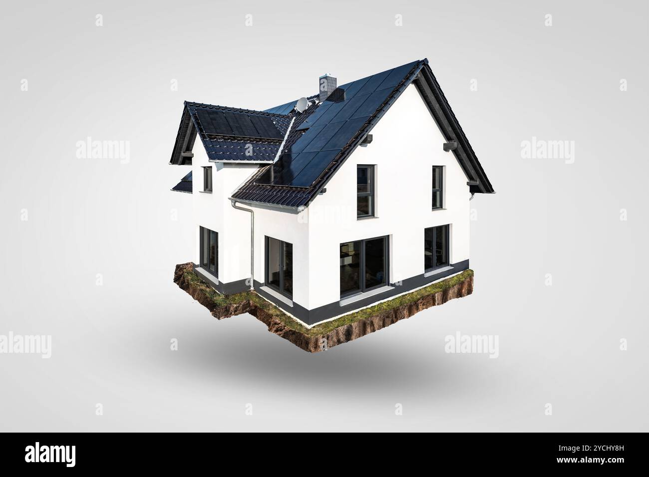 Maison individuelle flottante avec concept de panneaux solaires Banque D'Images