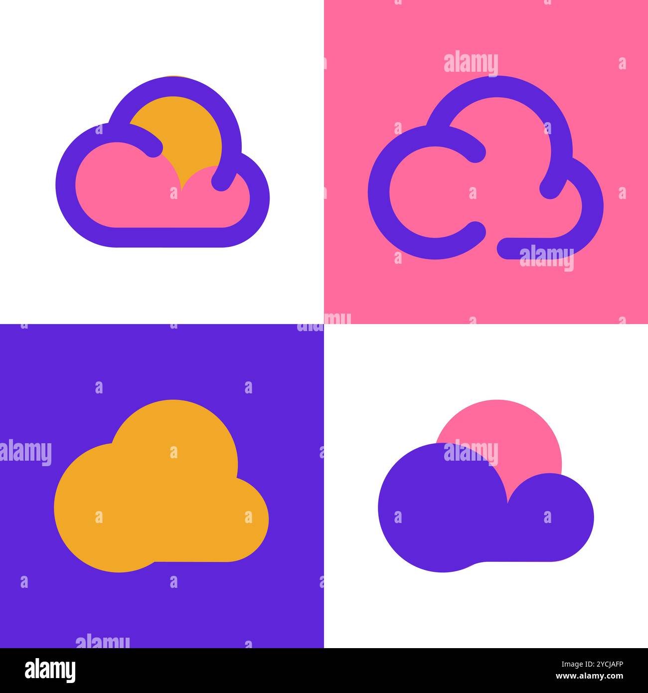 ensemble vibrant de quatre icônes de nuage dans différents styles, avec des couleurs violettes, roses et oranges audacieuses Illustration de Vecteur