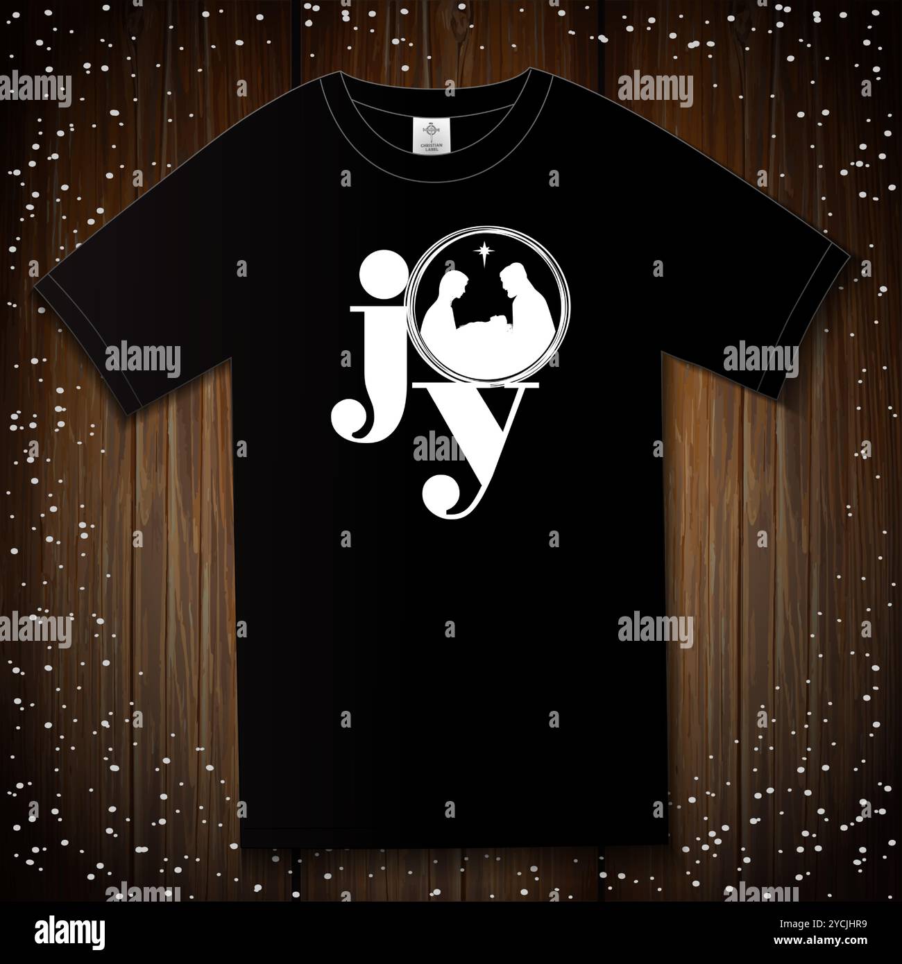 Joie, typographie de Noël pour la conception de t-shirt sur fond de planches en bois. Concept d'impression de foi chrétienne joyeuse pour vêtements religieux ou sweat à capuche Illustration de Vecteur