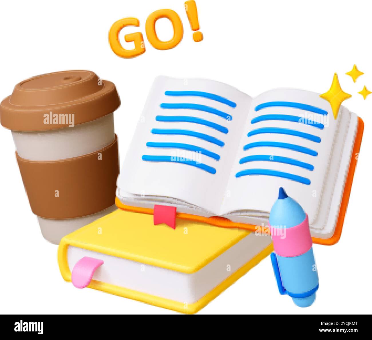 3d Education. Livres icônes 3D, tasse à café et stylo. Concept d'étude motivationnelle avec des éléments réalistes. Aller à de nouvelles connaissances, auto-apprentissage, vecteur Illustration de Vecteur