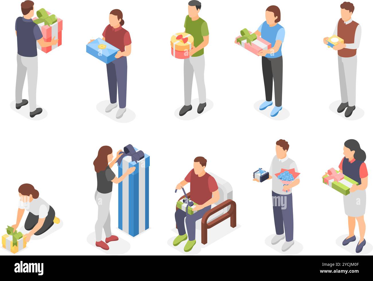 Personnes isométriques avec des boîtes cadeaux. Hommes femme tenant ouvre la boîte de cadeau vibrante d'emballage. Temps de cadeau, fête d'anniversaire vacances de noël, impeccable Illustration de Vecteur