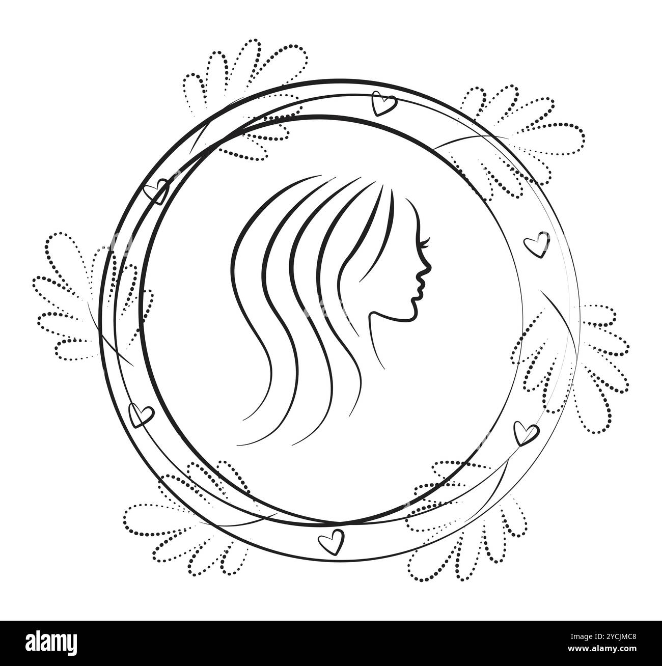 Réflexion féminine dans le miroir, profil de visage de femme dans le cadre rond, illustration vectorielle de ligne noire Illustration de Vecteur