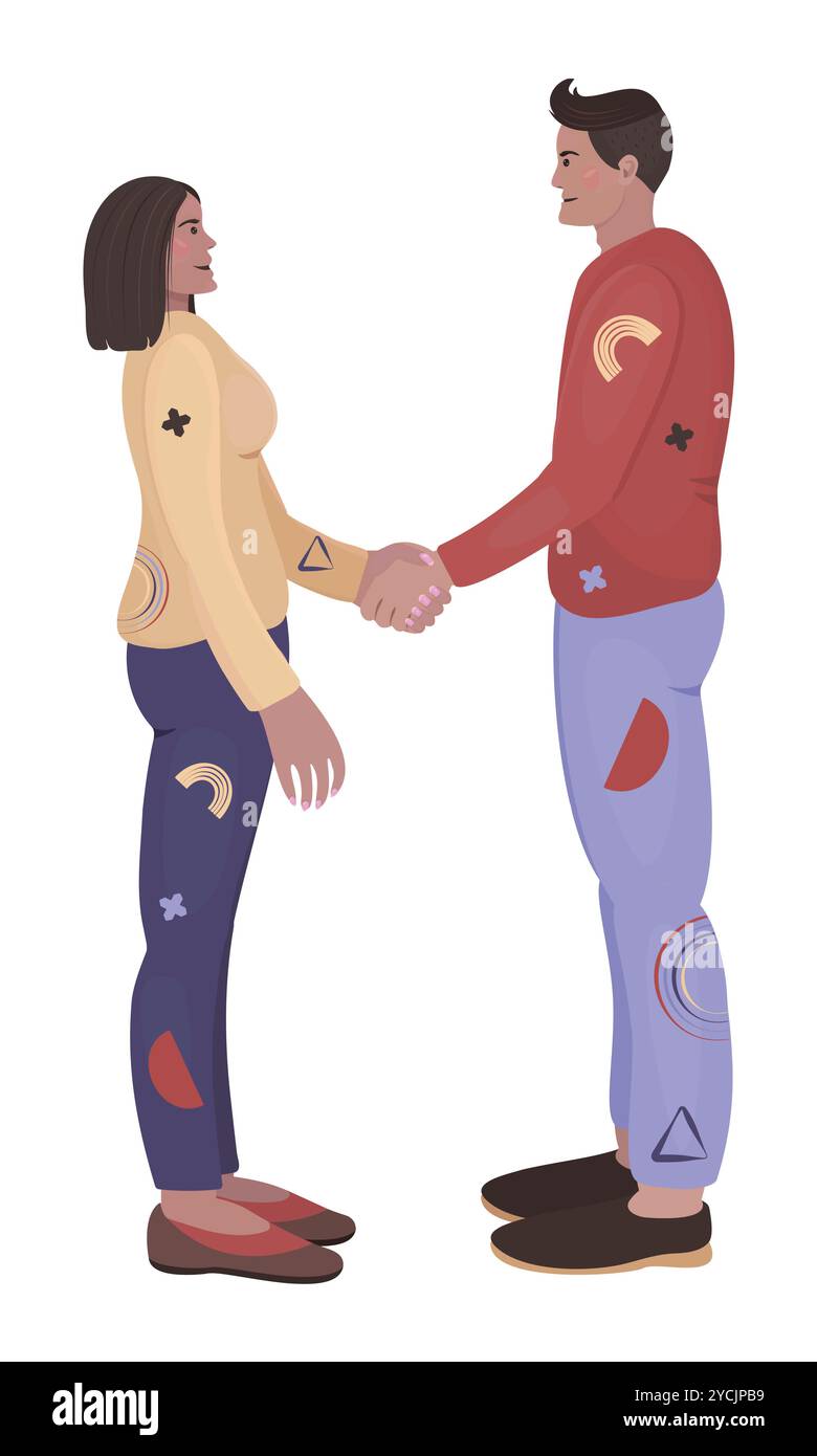 Poignée de main femme et homme, personnages plats, personnes disproportionnées à la mode dans des vêtements avec des éléments de style memphis, illustration de couleur vectorielle Illustration de Vecteur