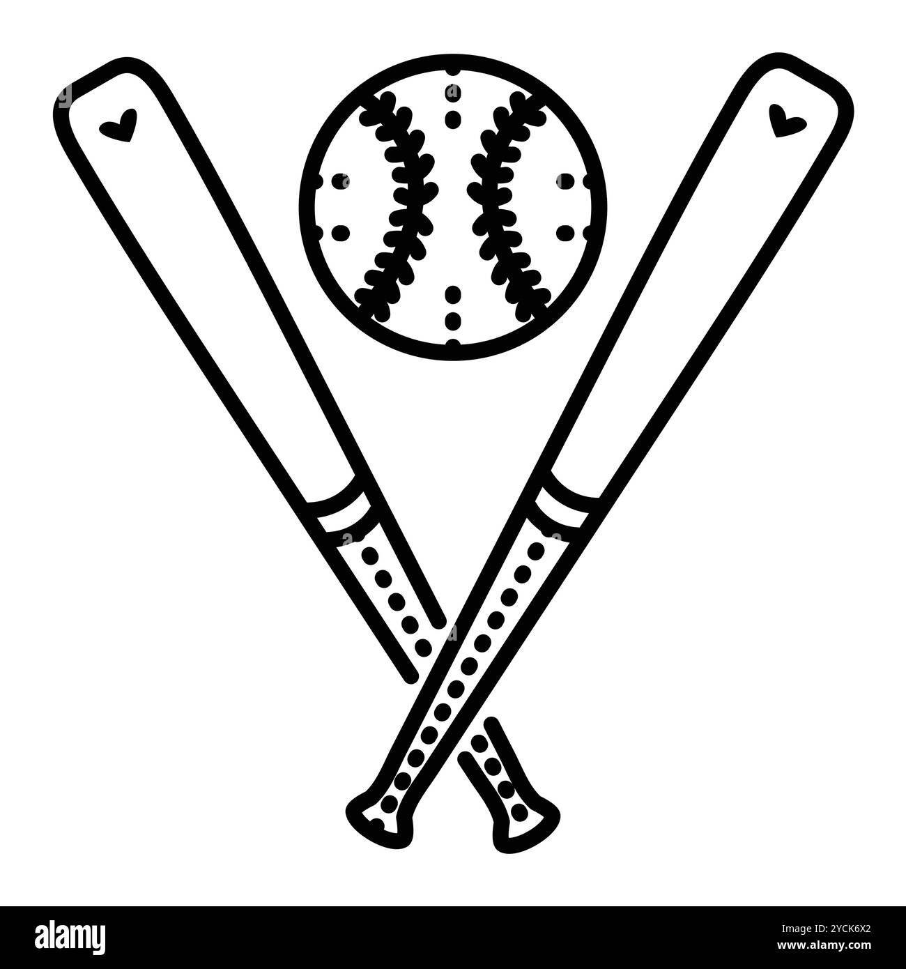 Articles de baseball, deux battes croisées et balle. Illustration monochrome vectorielle, icône des accessoires de sport, trait modifiable Illustration de Vecteur