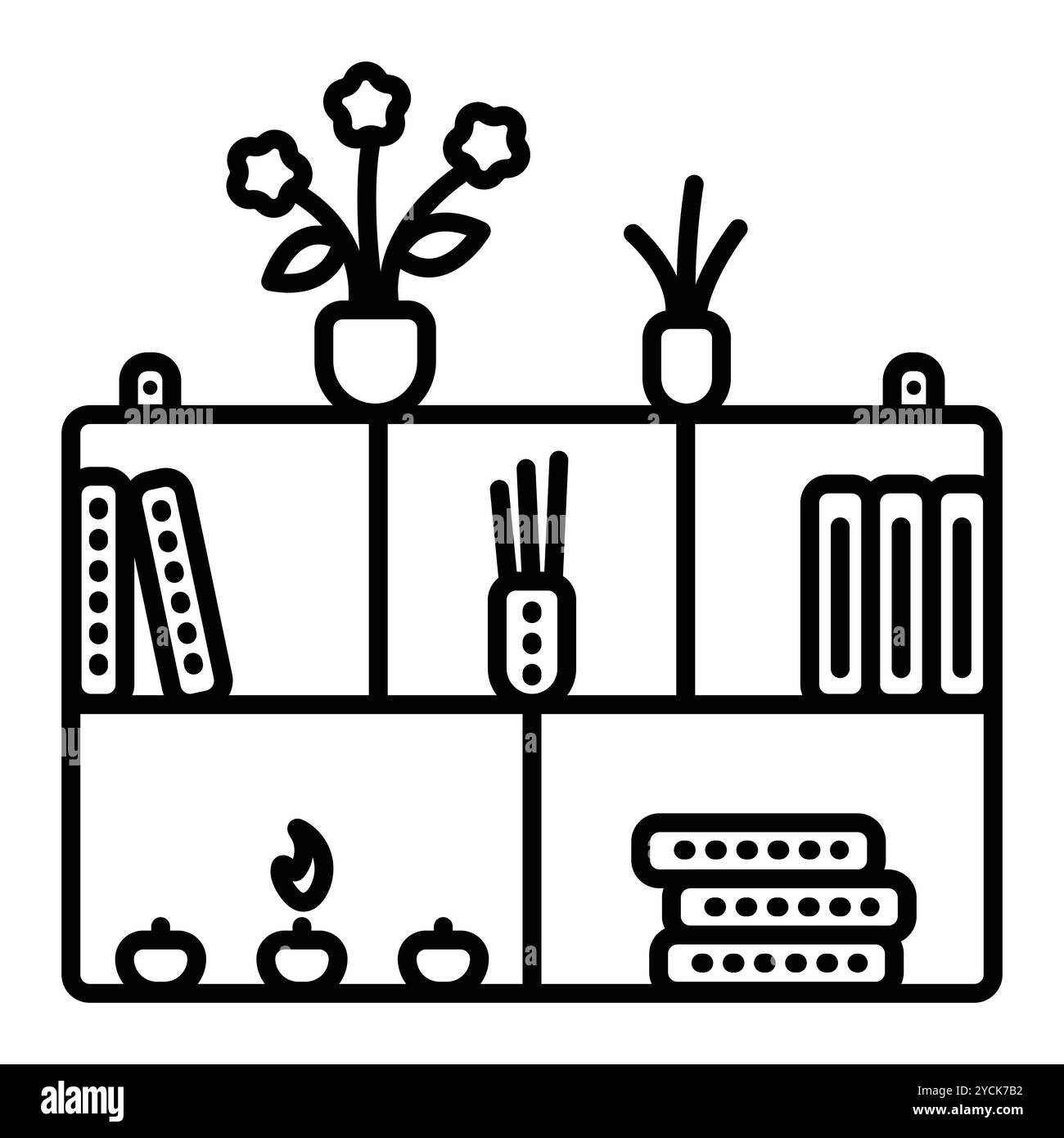 Étagère murale pour petits objets : livres, bougies, plantes. Illustration vectorielle de ligne noire, contour monochrome signe, contour modifiable Illustration de Vecteur