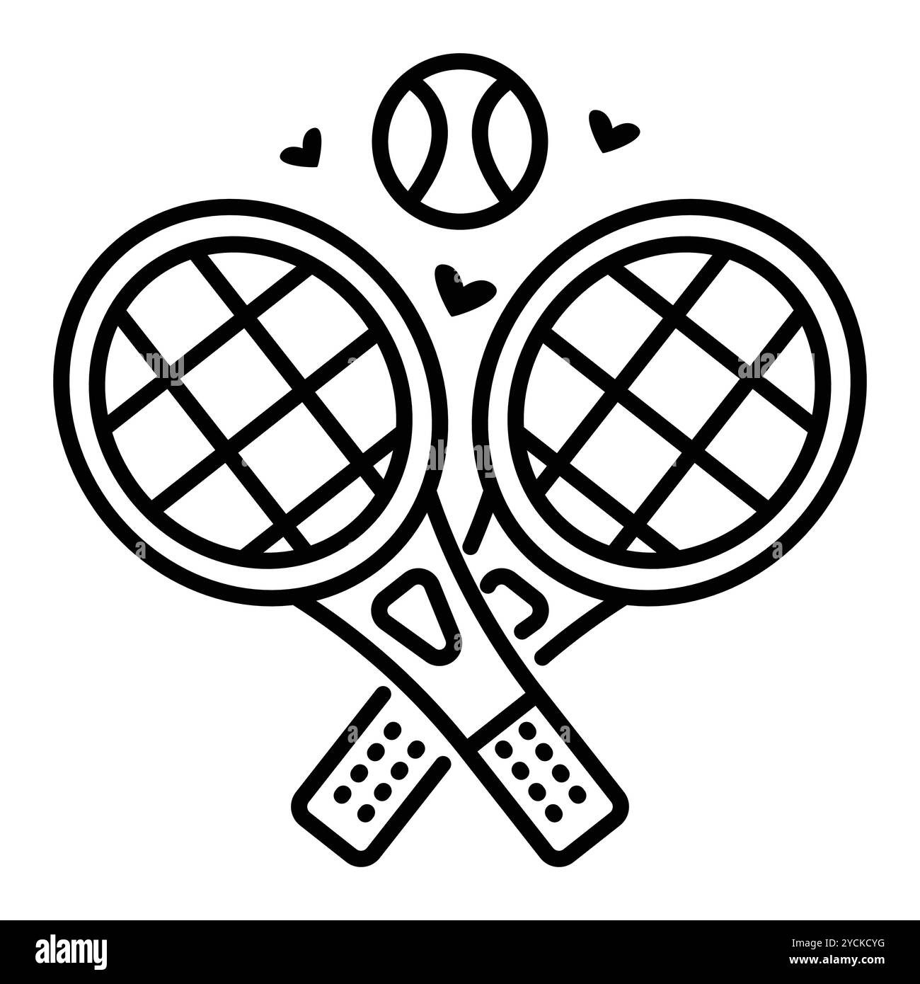 Deux raquettes de tennis croisées et balle. Illustration monochrome vectorielle, icône des accessoires de sport, trait modifiable Illustration de Vecteur