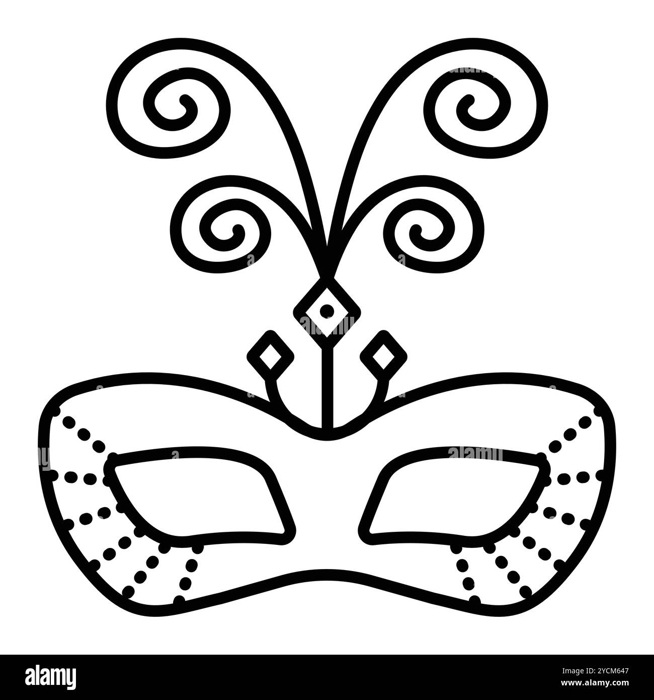 Masque de mascarade d'oeil festif avec des plumes, des spirales, illustration vectorielle de ligne noire, trait éditable Illustration de Vecteur