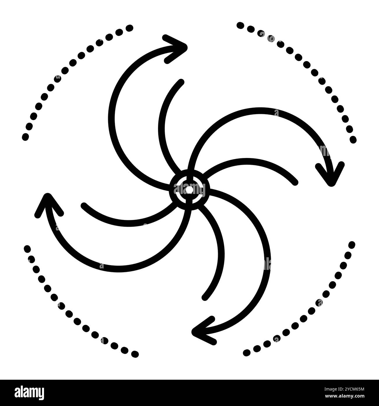 Produits recyclage et événements cyclicité, phénomènes naturels - tourbillon, ouragan. Spirale avec flèches icône de vecteur de ligne noire, trait modifiable, pixel Illustration de Vecteur