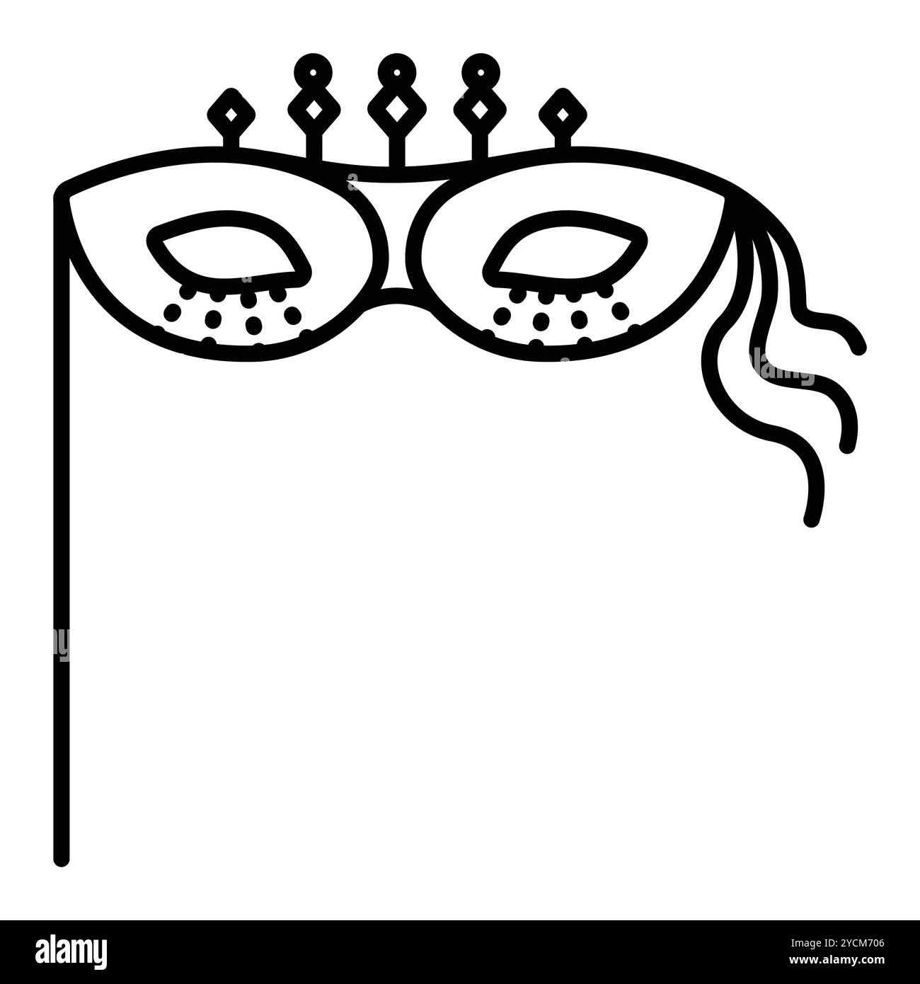 Masque de mascarade original de poignée d'oeil, avec un bâton, des points, des rubans et d'autres éléments décoratifs, illustration vectorielle de ligne noire, trait modifiable Illustration de Vecteur